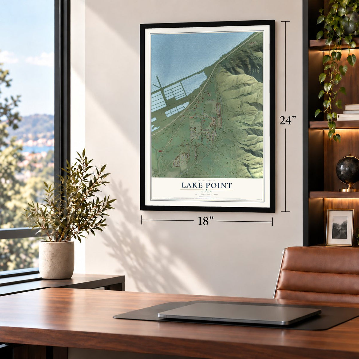 Lake Point, Utah map, 18 x 24 inch print in a black frame in a home office