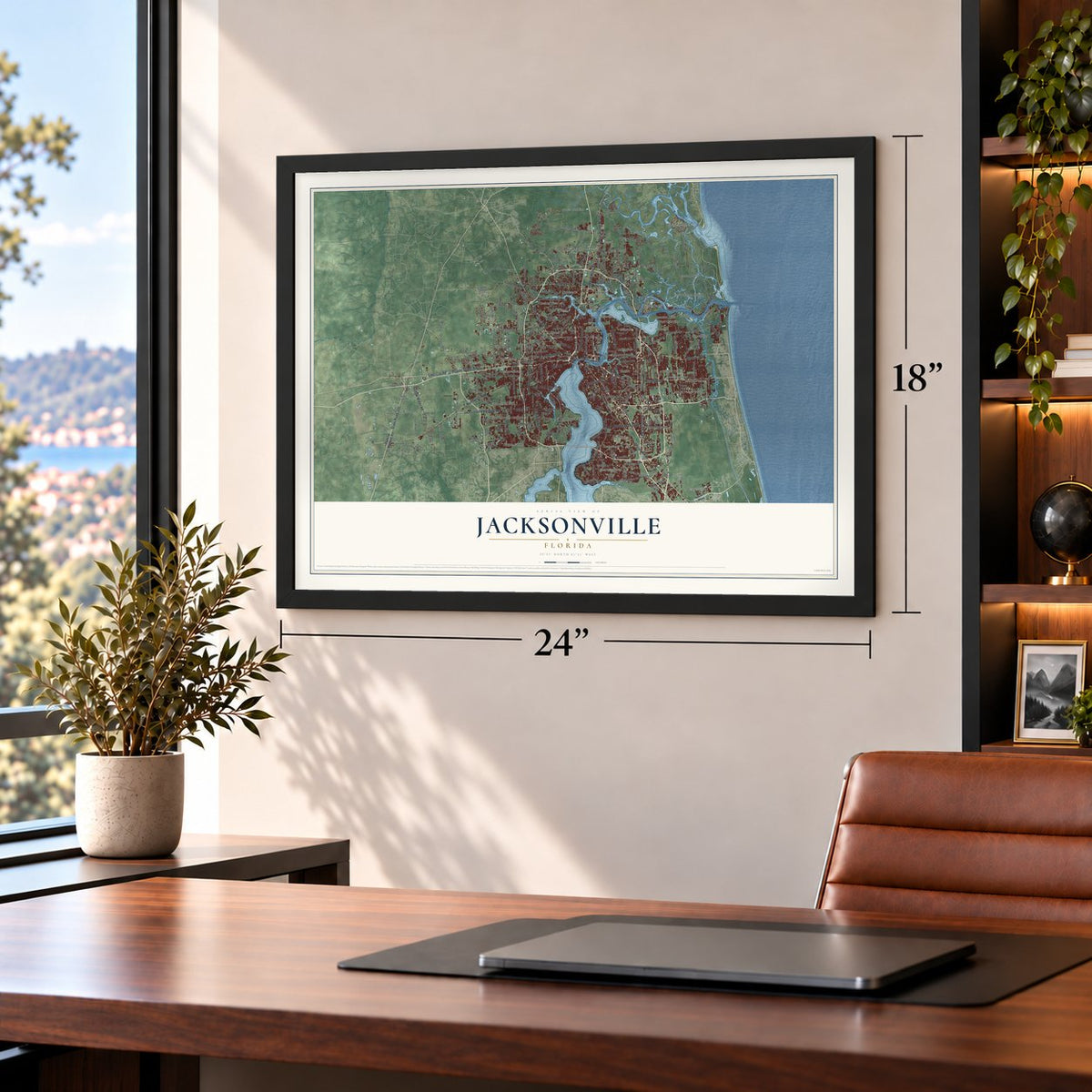 Jacksonville, Florida map, 18 x 24 inch print in a black frame in a home office