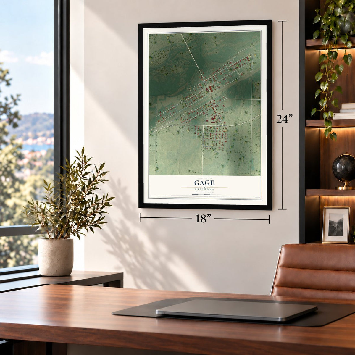 Gage, Oklahoma map, 18 x 24 inch print in a black frame in a home office