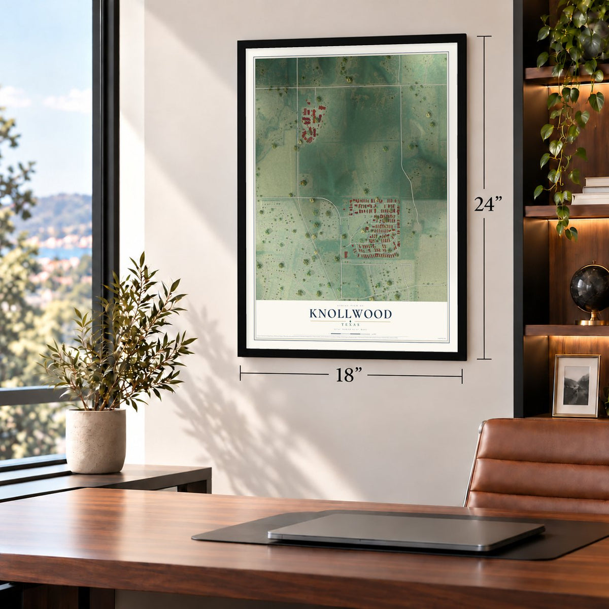 Knollwood, Texas map, 18 x 24 inch print in a black frame in a home office