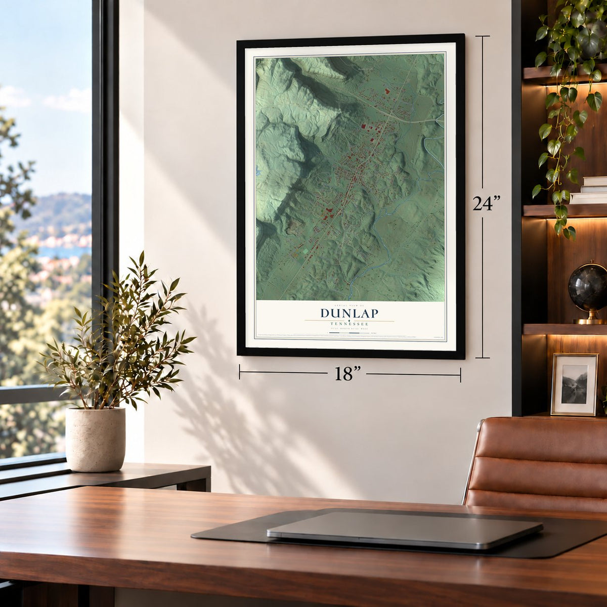 Dunlap, Tennessee map, 18 x 24 inch print in a black frame in a home office