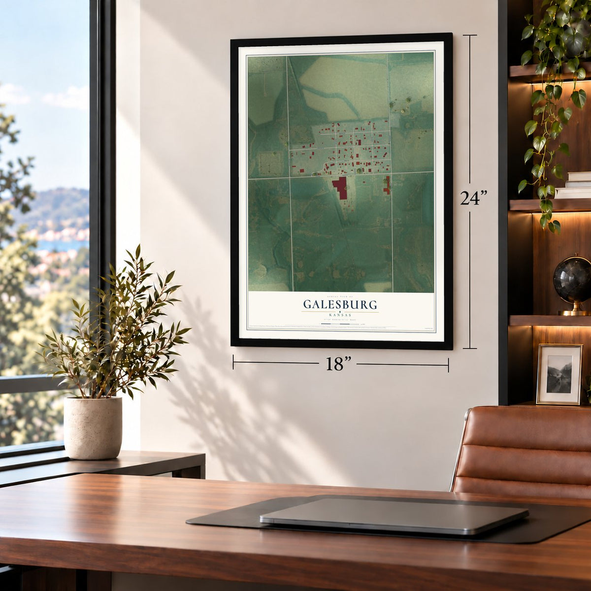 Galesburg, Kansas map, 18 x 24 inch print in a black frame in a home office