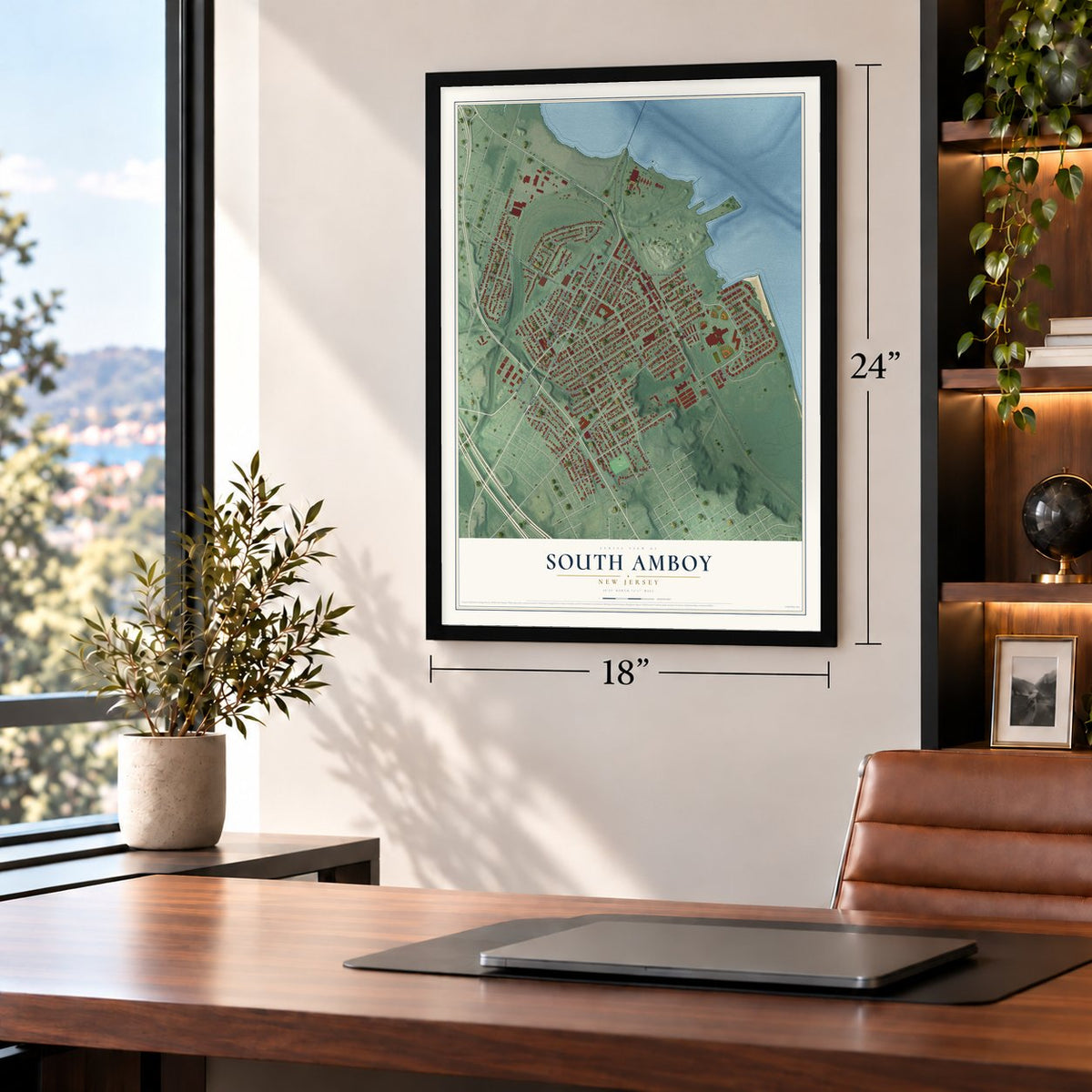 South Amboy, New Jersey map, 18 x 24 inch print in a black frame in a home office