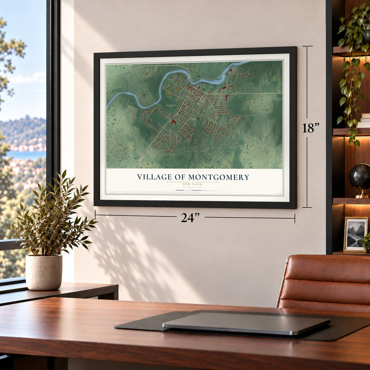 Village of Montgomery, New York map, 18 x 24 inch print in a black frame in a home office