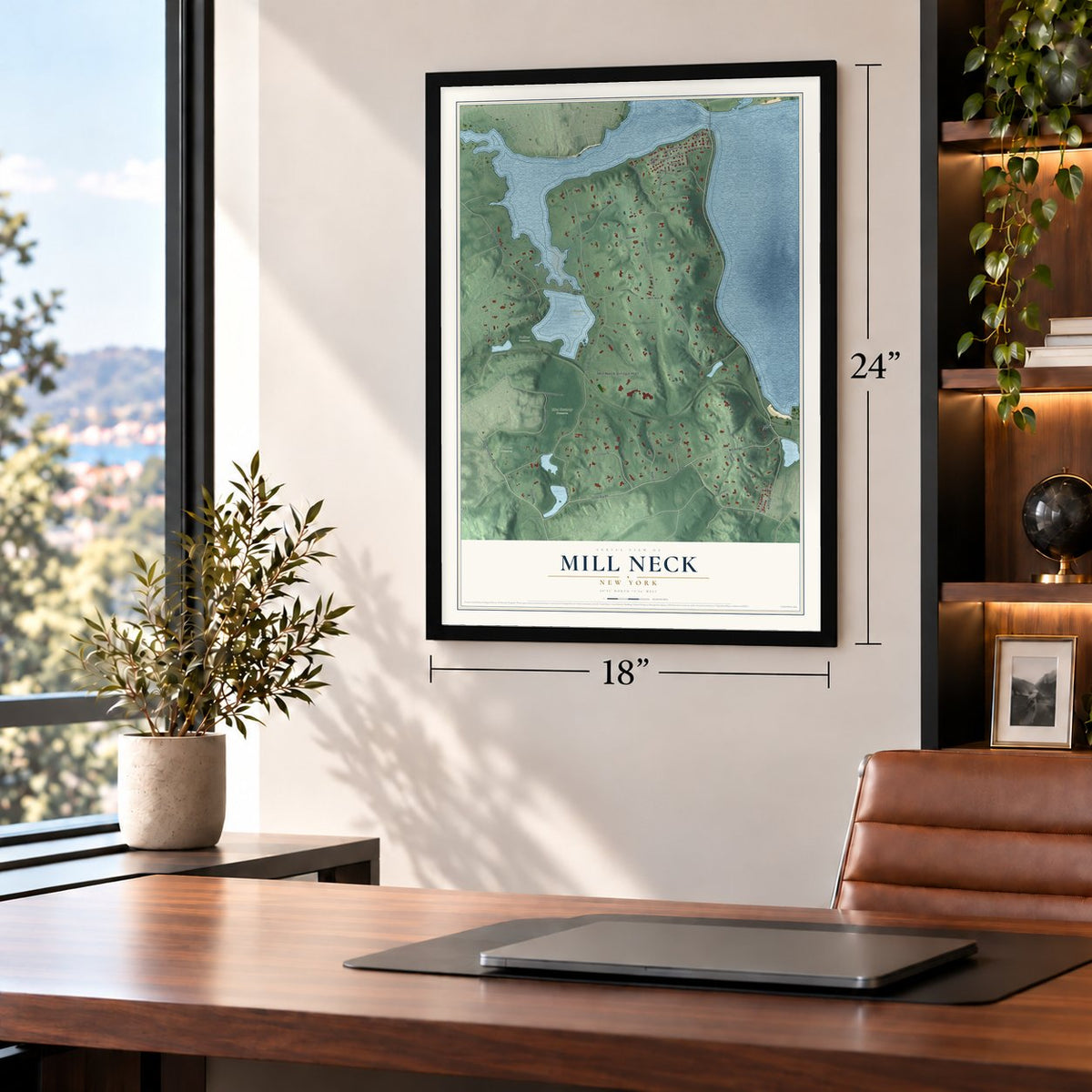 Mill Neck, New York map, 18 x 24 inch print in a black frame in a home office