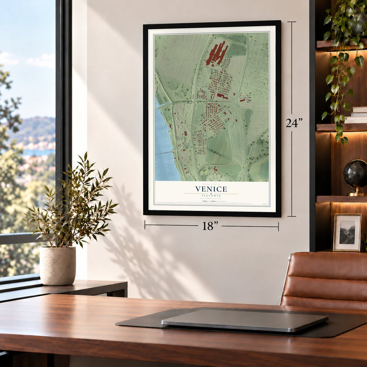 Venice, Illinois map, 18 x 24 inch print in a black frame in a home office