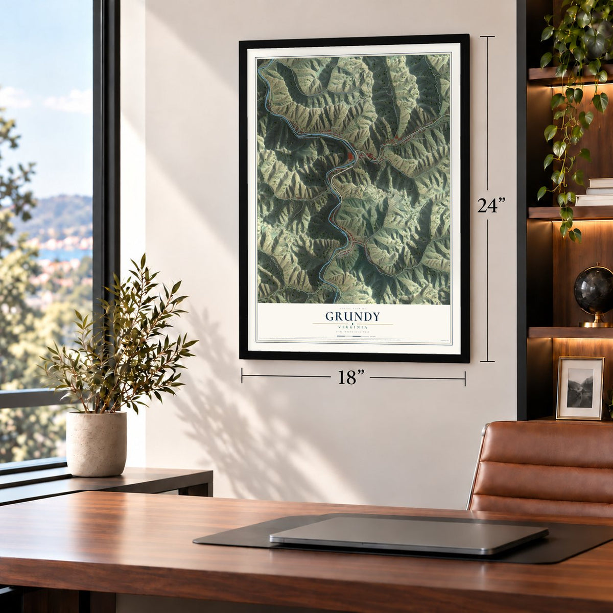 Grundy, Virginia map, 18 x 24 inch print in a black frame in a home office