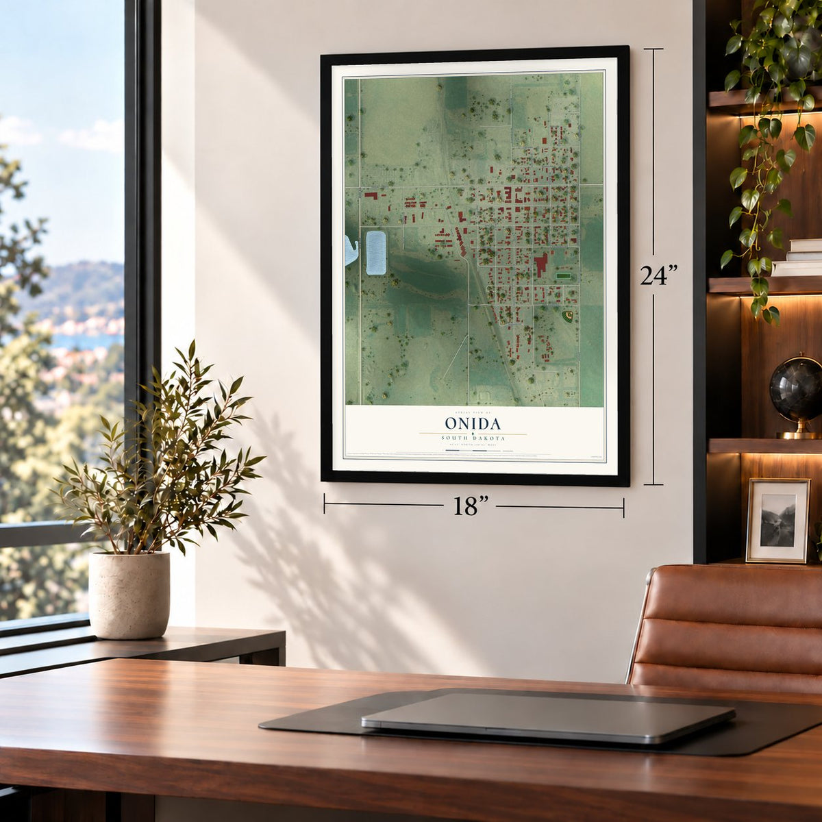 Onida, South Dakota map, 18 x 24 inch print in a black frame in a home office