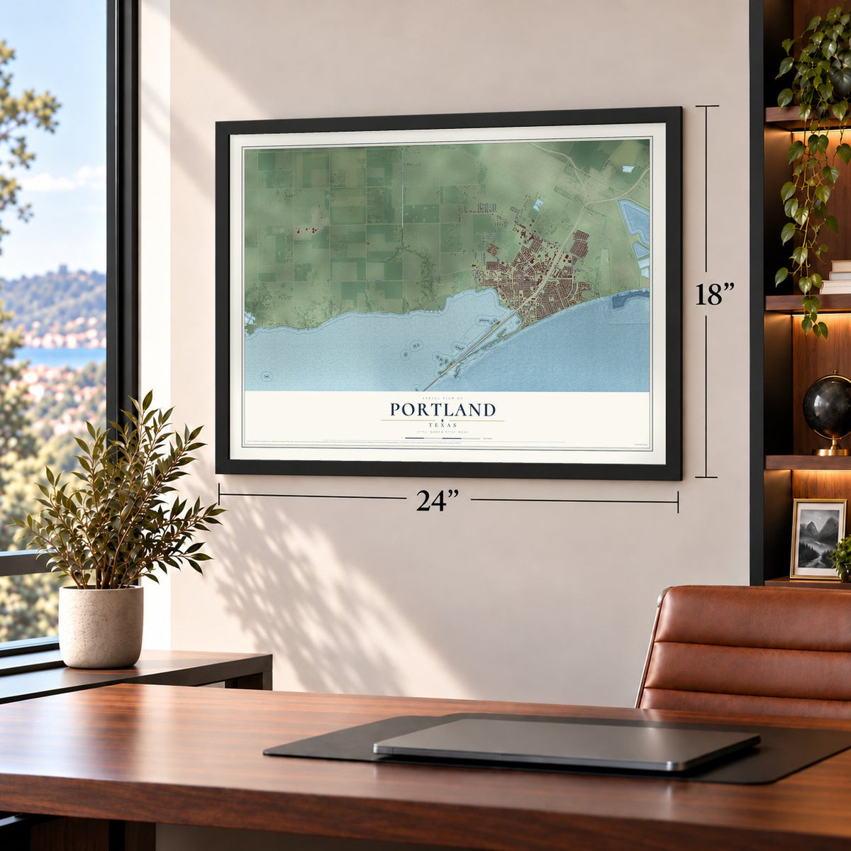 Portland, Texas map, 18 x 24 inch print in a black frame in a home office
