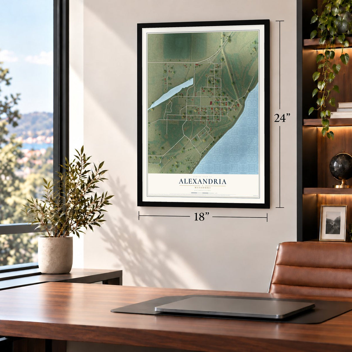 Alexandria, Missouri map, 18 x 24 inch print in a black frame in a home office