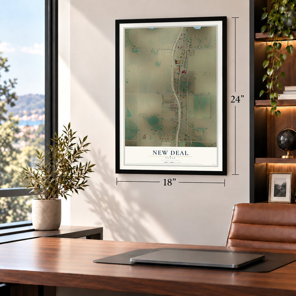 New Deal, Texas map, 18 x 24 inch print in a black frame in a home office