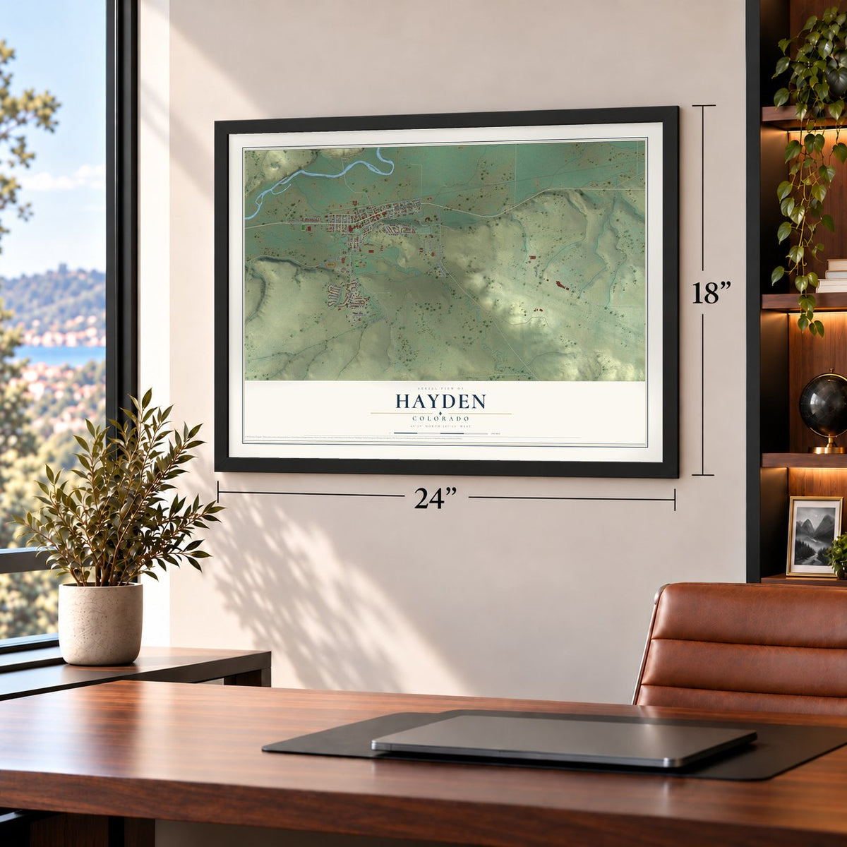 Hayden, Colorado map, 18 x 24 inch print in a black frame in a home office