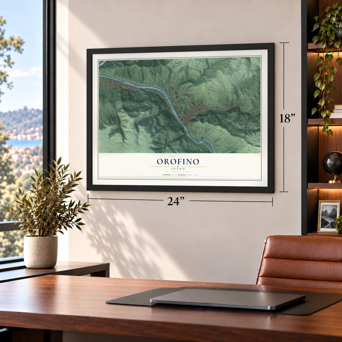 Orofino, Idaho map, 18 x 24 inch print in a black frame in a home office