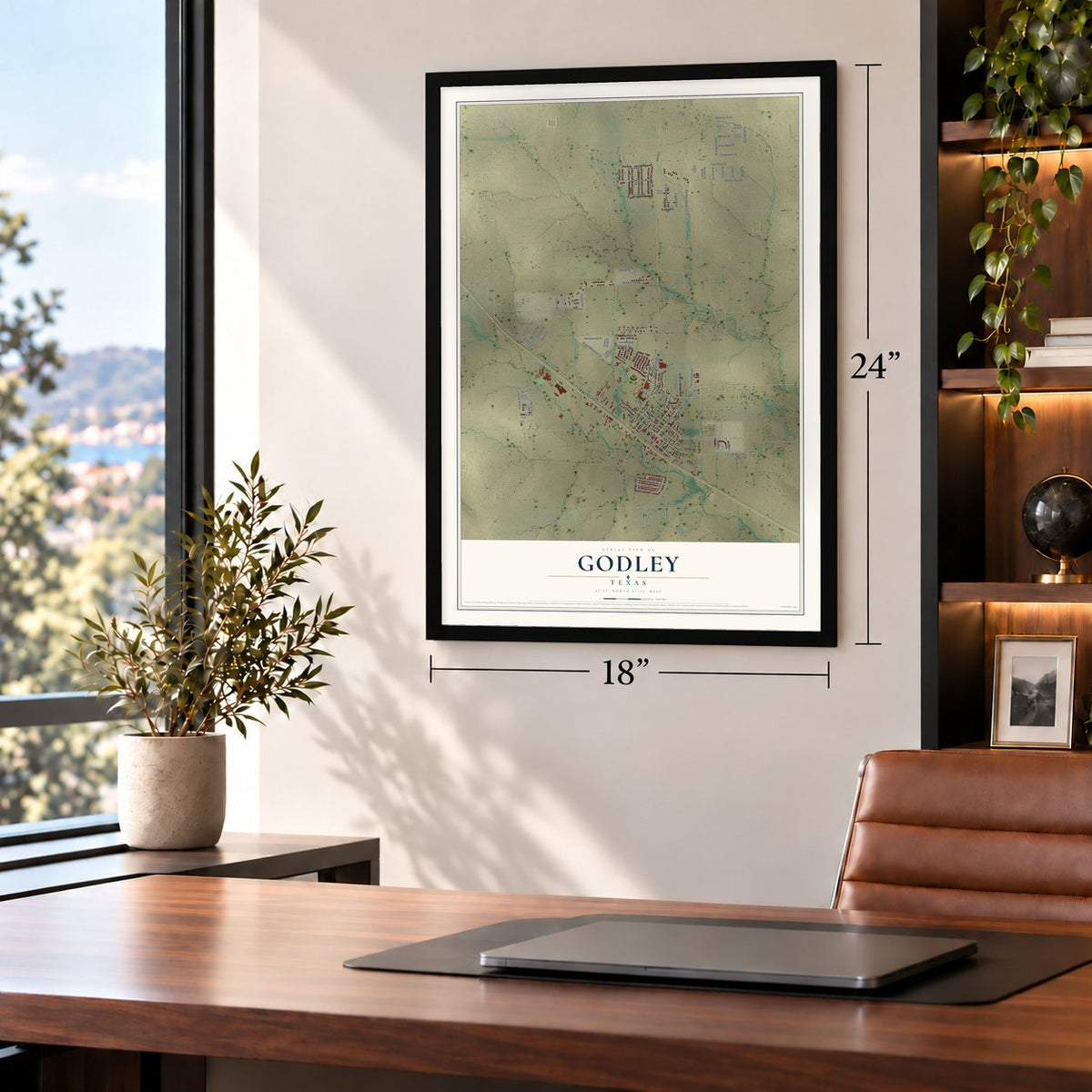 Godley, Texas map, 18 x 24 inch print in a black frame in a home office