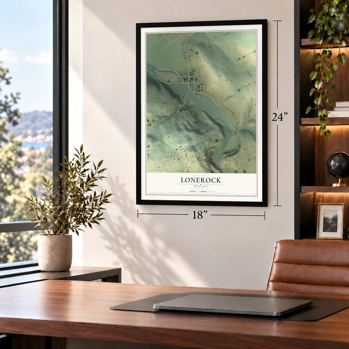 Lonerock, Oregon map, 18 x 24 inch print in a black frame in a home office