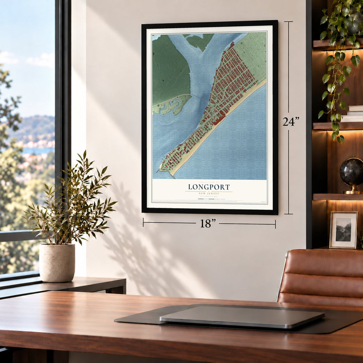 Longport, New Jersey map, 18 x 24 inch print in a black frame in a home office