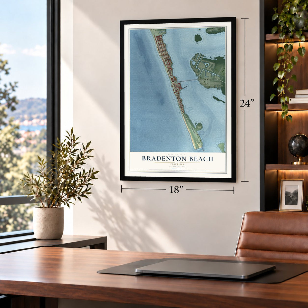 Bradenton Beach, Florida map, 18 x 24 inch print in a black frame in a home office