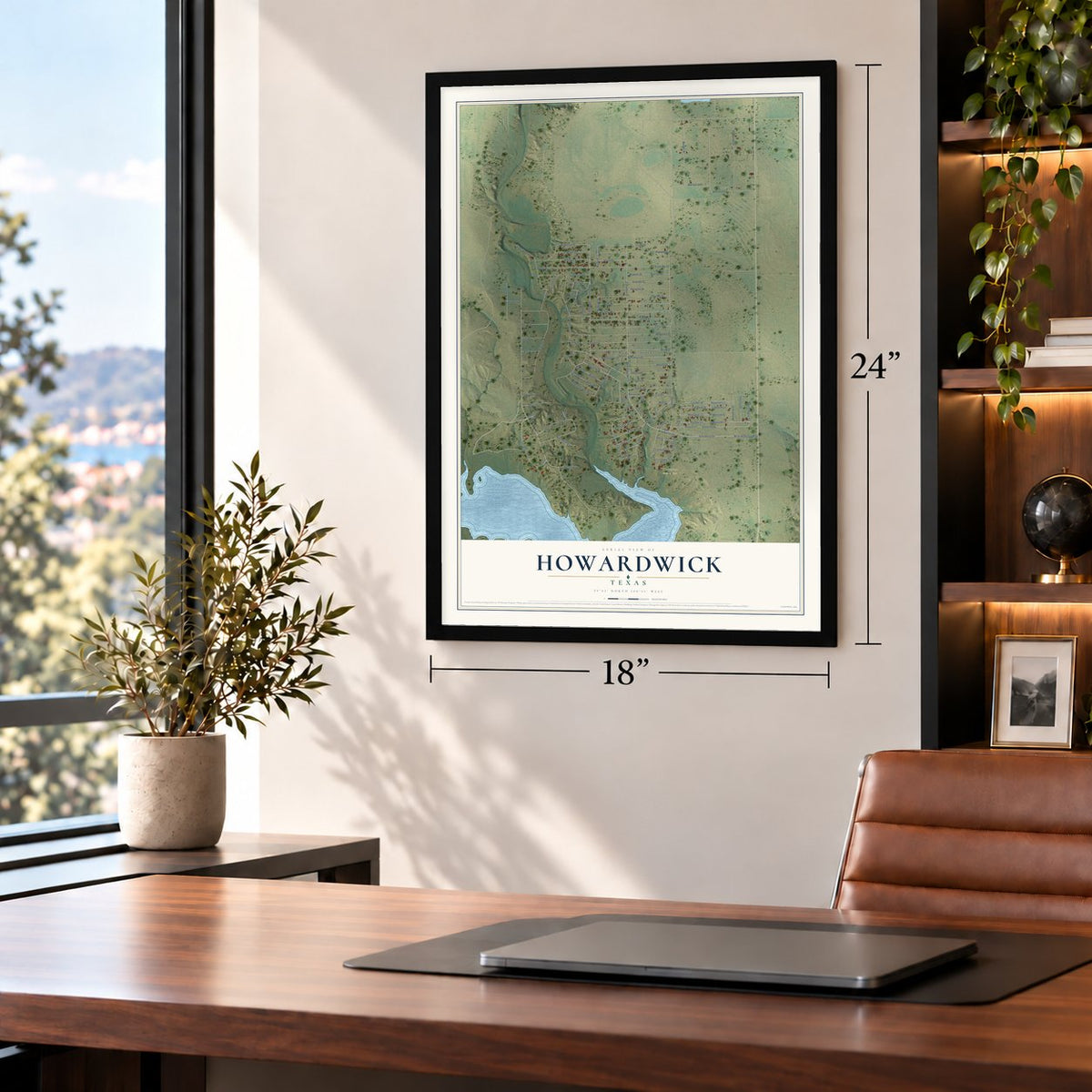 Howardwick, Texas map, 18 x 24 inch print in a black frame in a home office