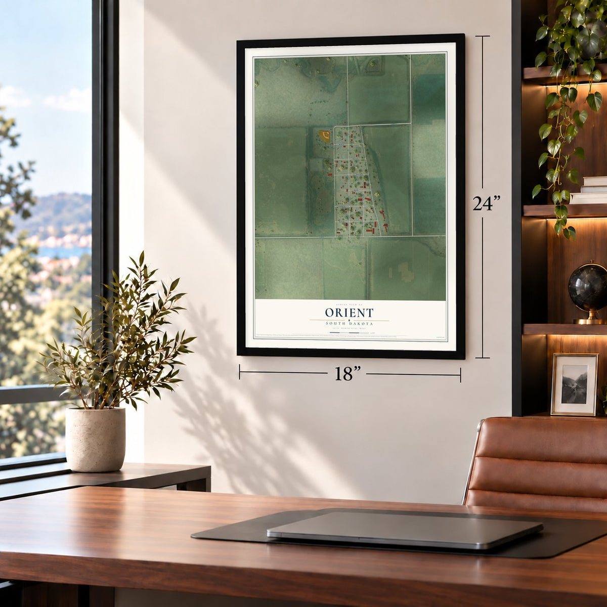 Orient, South Dakota map, 18 x 24 inch print in a black frame in a home office