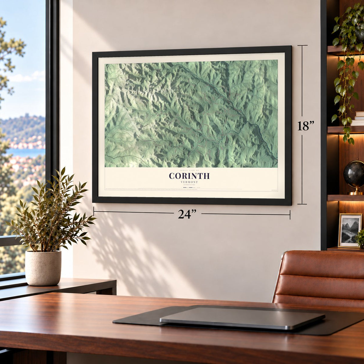 Corinth, Vermont map, 18 x 24 inch print in a black frame in a home office