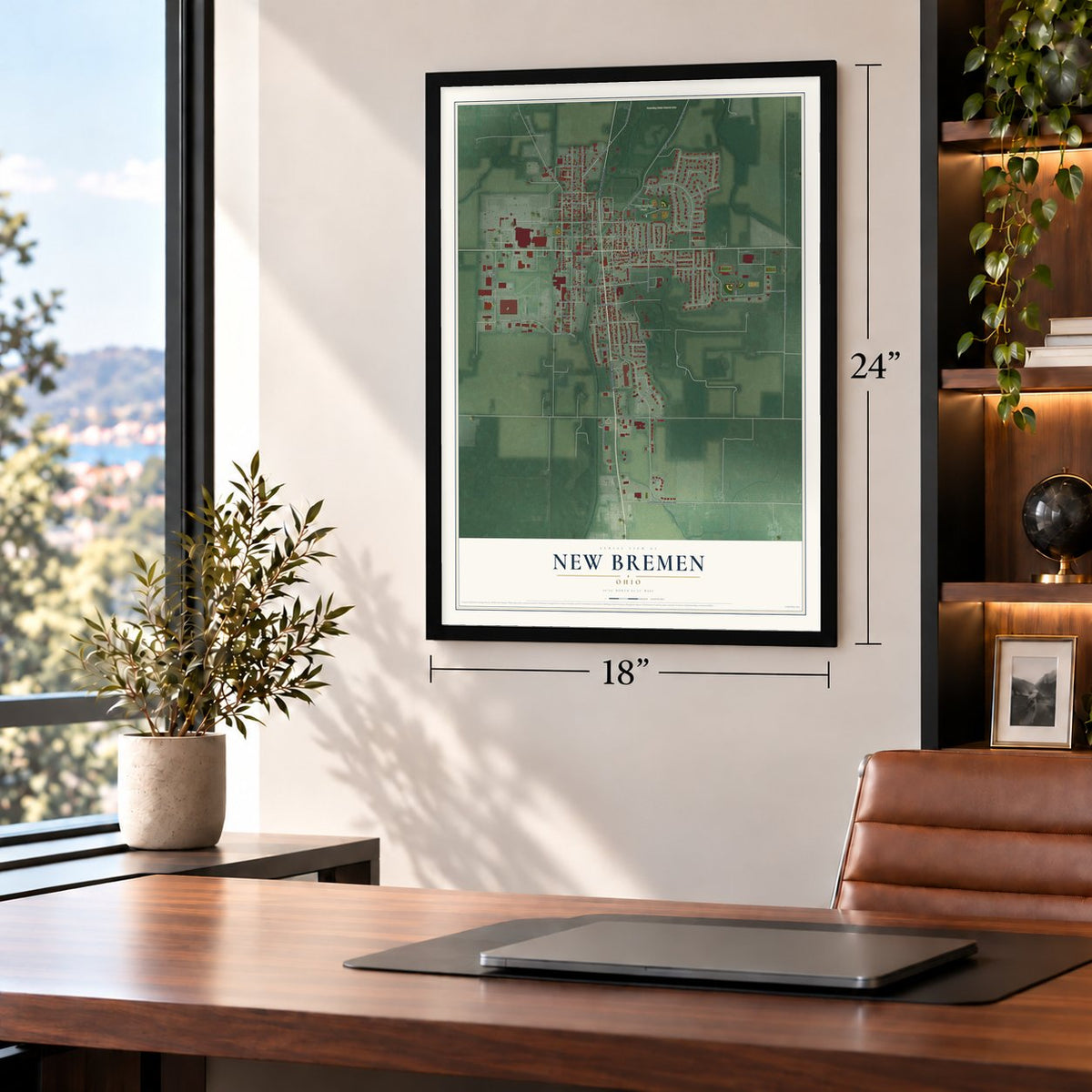 New Bremen, Ohio map, 18 x 24 inch print in a black frame in a home office