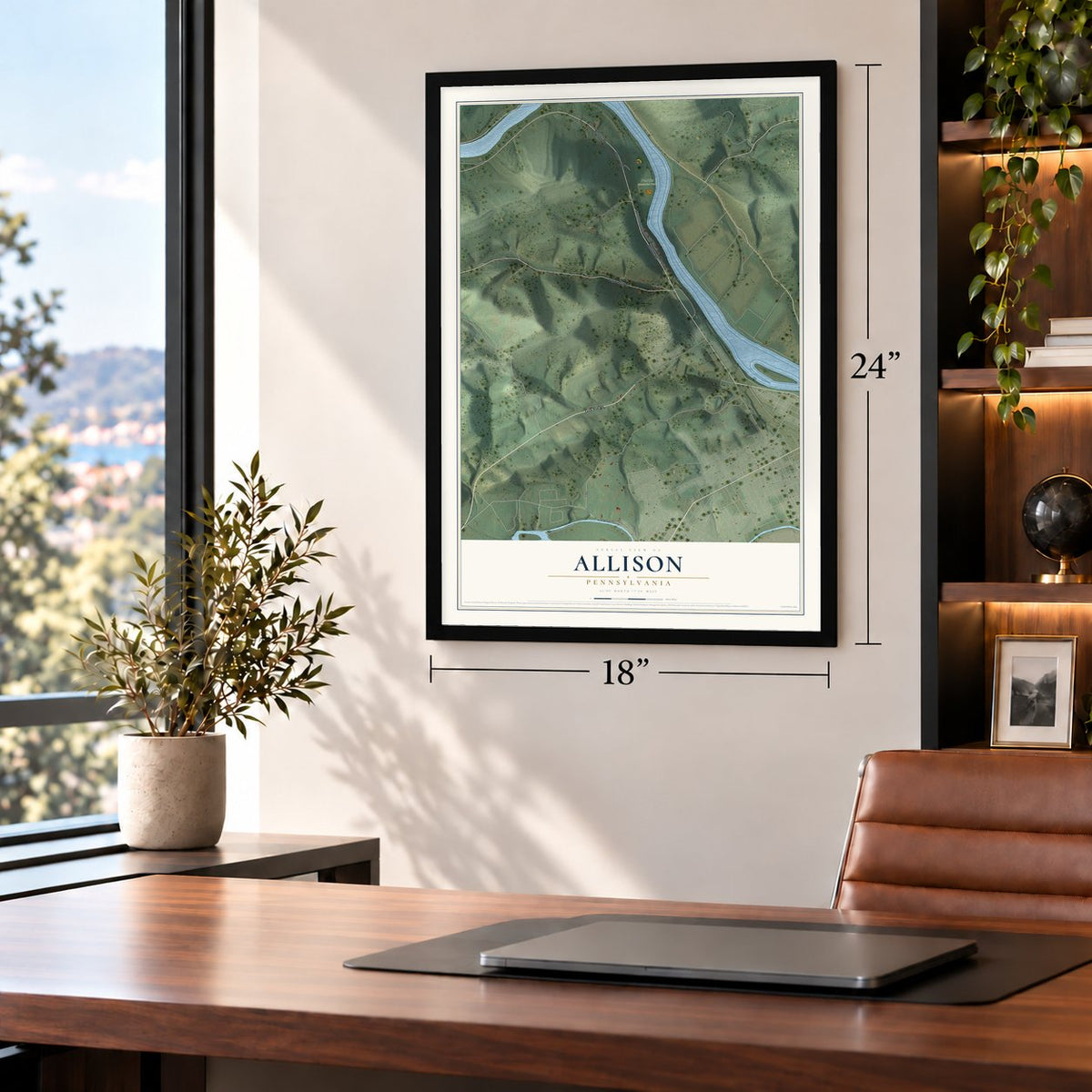 Allison, Pennsylvania map, 18 x 24 inch print in a black frame in a home office