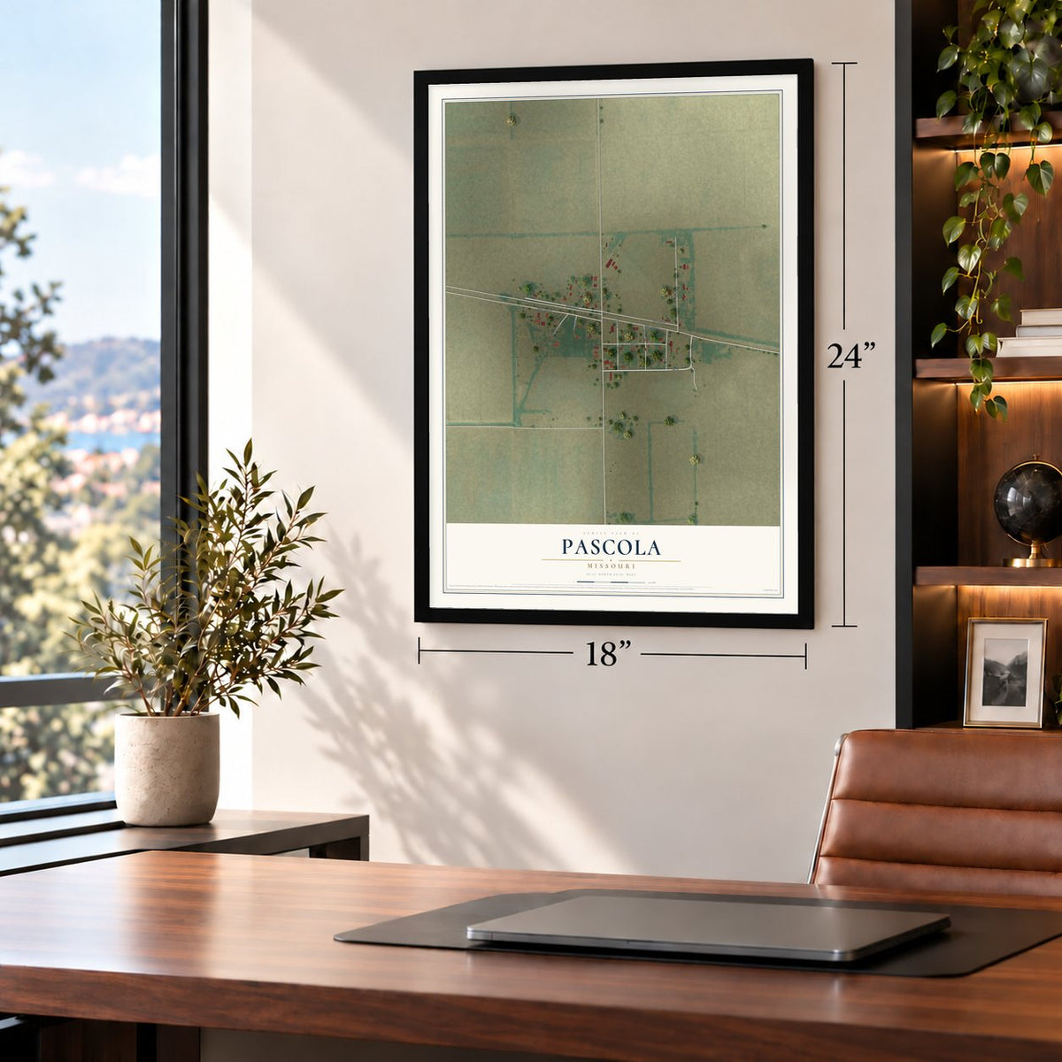 Pascola, Missouri map, 18 x 24 inch print in a black frame in a home office