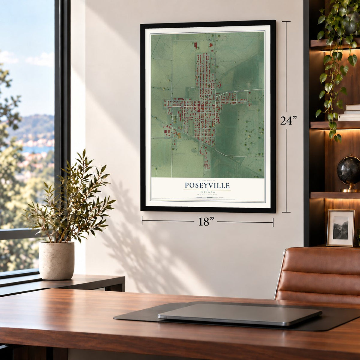Poseyville, Indiana map, 18 x 24 inch print in a black frame in a home office