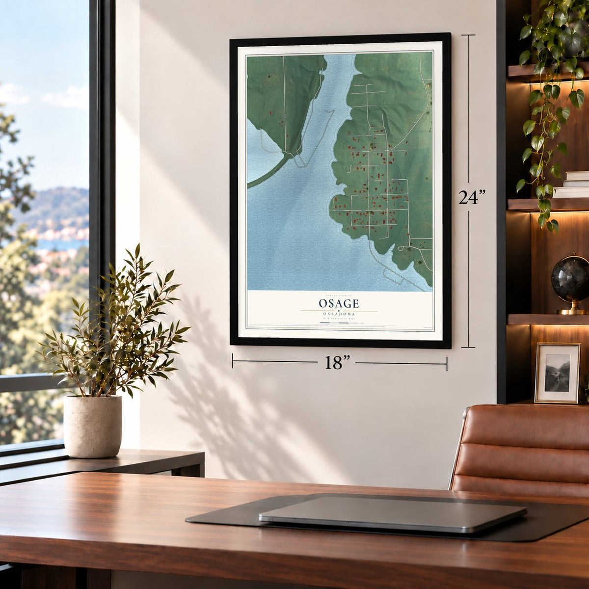 Osage, Oklahoma map, 18 x 24 inch print in a black frame in a home office