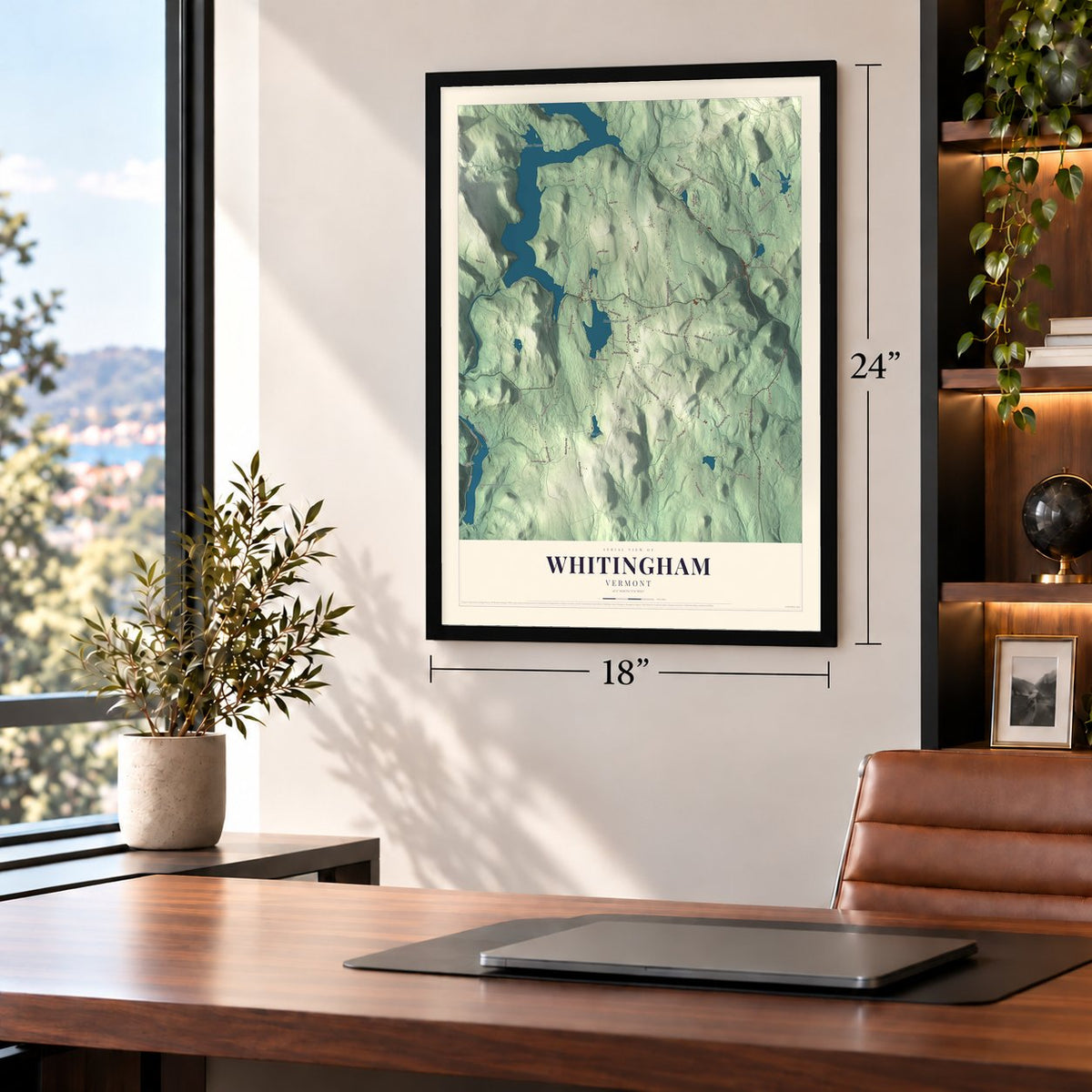 Whitingham, Vermont map, 18 x 24 inch print in a black frame in a home office