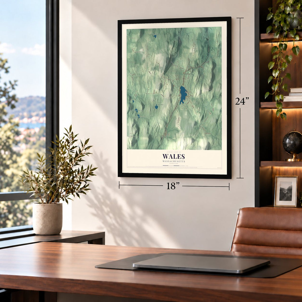 Wales, Massachusetts map, 18 x 24 inch print in a black frame in a home office