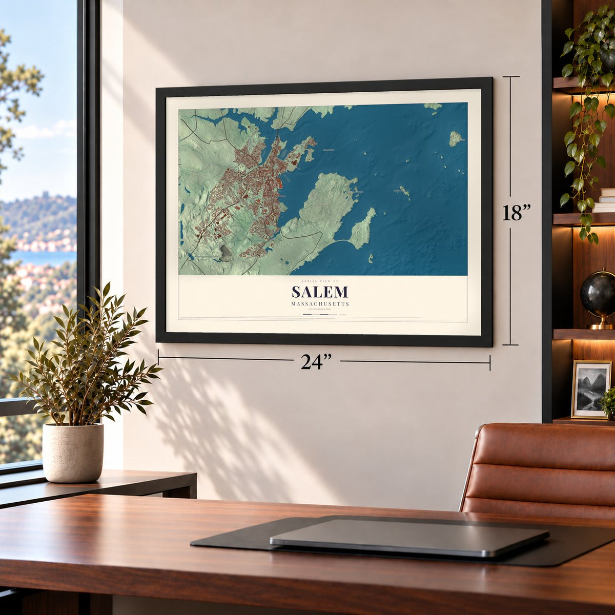 Salem, Massachusetts map, 18 x 24 inch print in a black frame in a home office