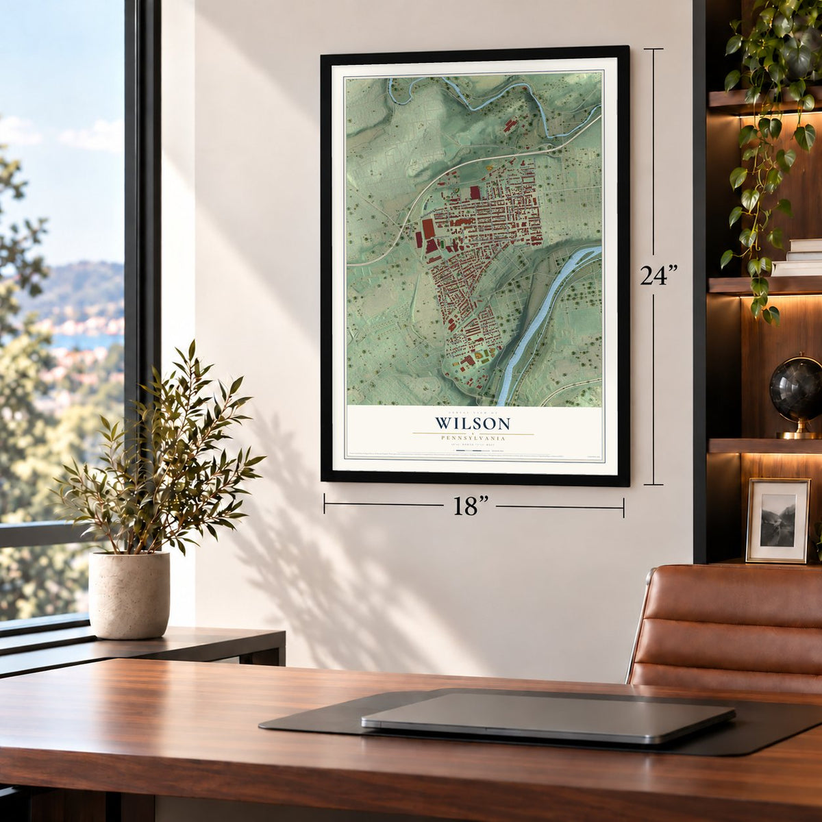Wilson, Pennsylvania map, 18 x 24 inch print in a black frame in a home office