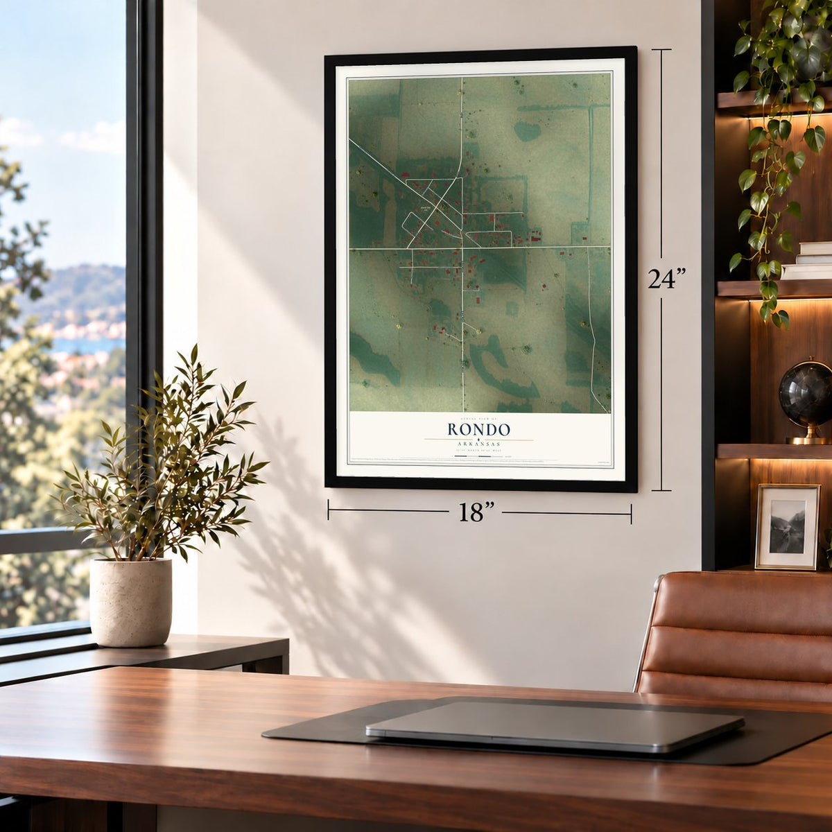 Rondo, Arkansas map, 18 x 24 inch print in a black frame in a home office