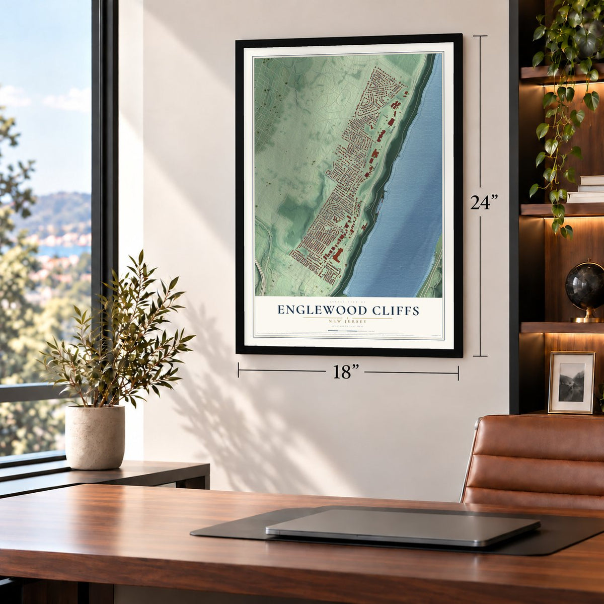 Englewood Cliffs, New Jersey map, 18 x 24 inch print in a black frame in a home office
