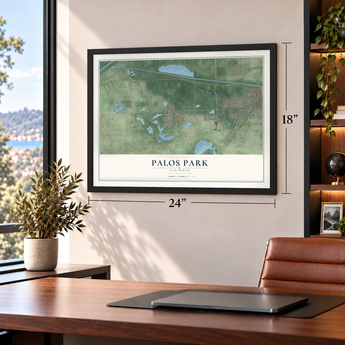Palos Park, Illinois map, 18 x 24 inch print in a black frame in a home office