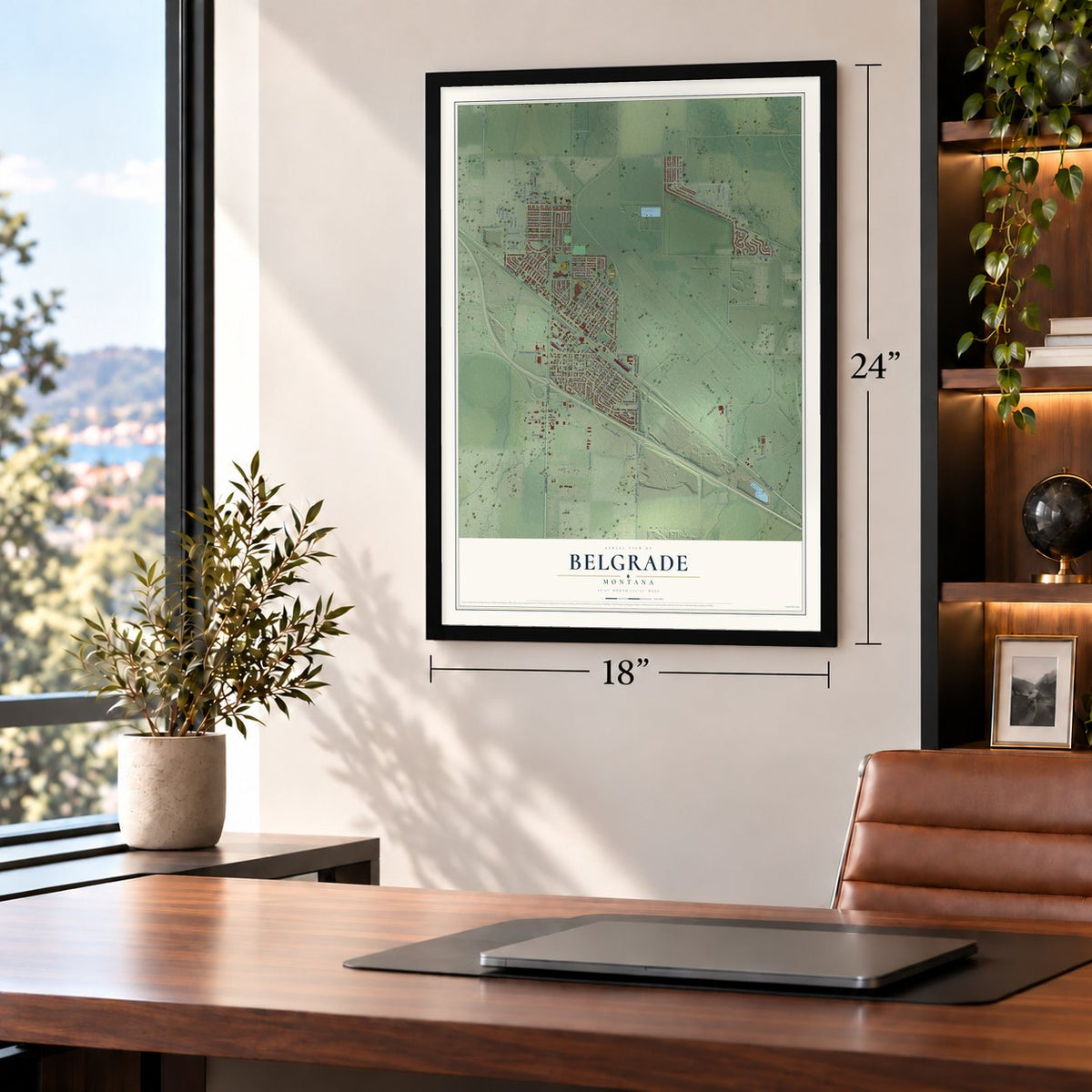 Belgrade, Montana map, 18 x 24 inch print in a black frame in a home office