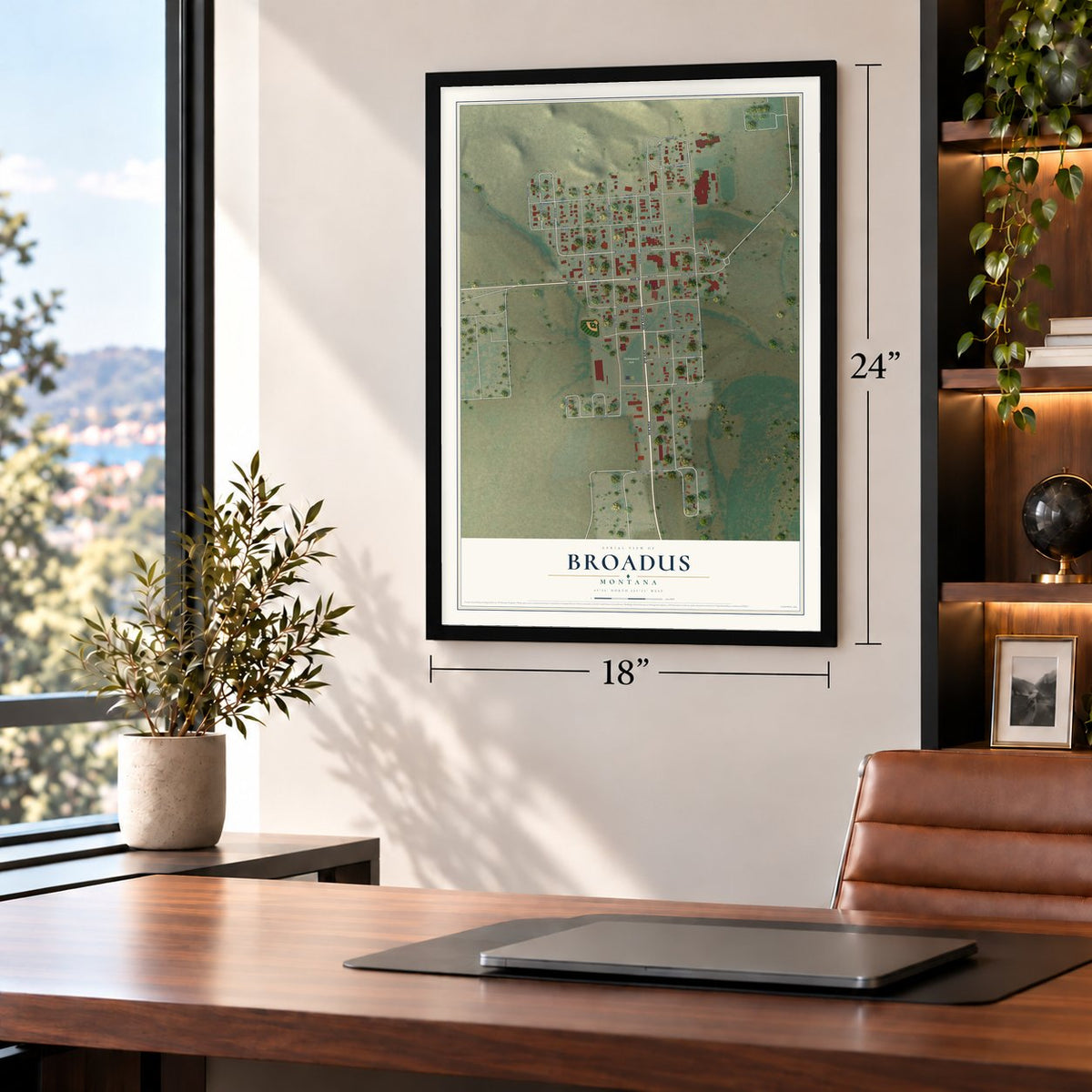 Broadus, Montana map, 18 x 24 inch print in a black frame in a home office