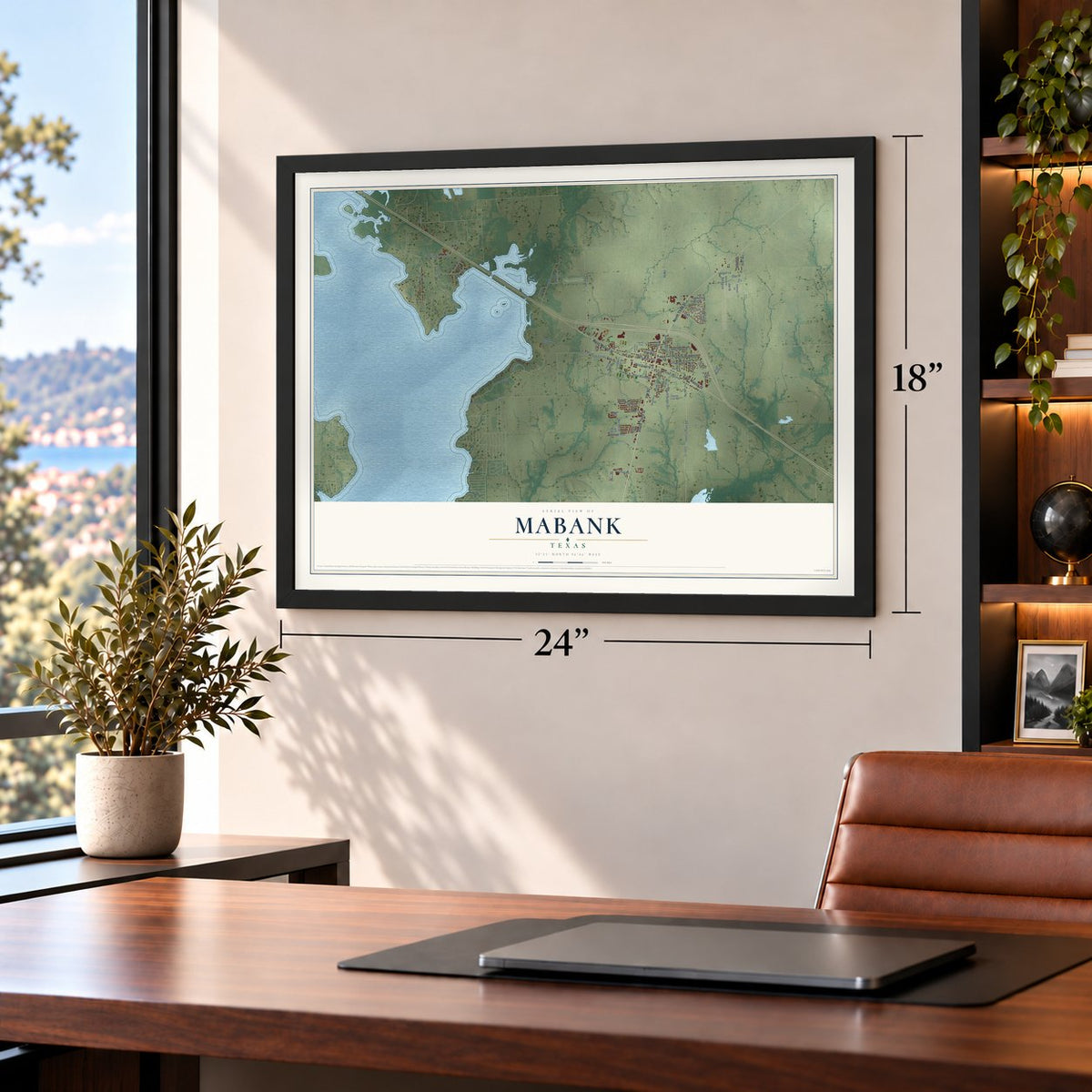 Mabank, Texas map, 18 x 24 inch print in a black frame in a home office