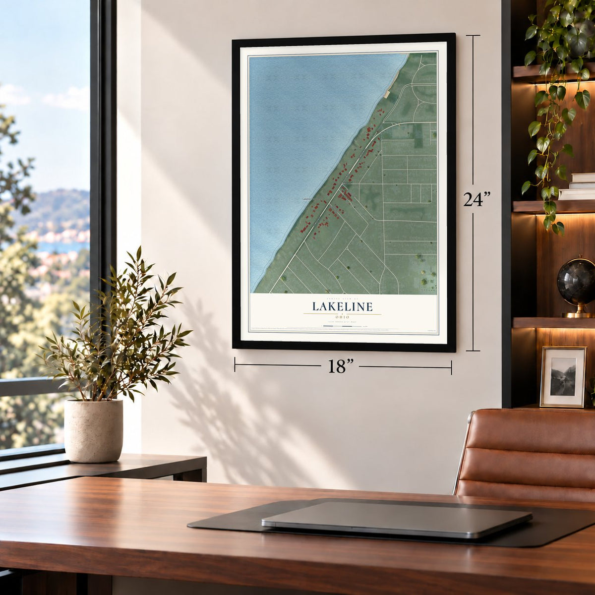 Lakeline, Ohio map, 18 x 24 inch print in a black frame in a home office