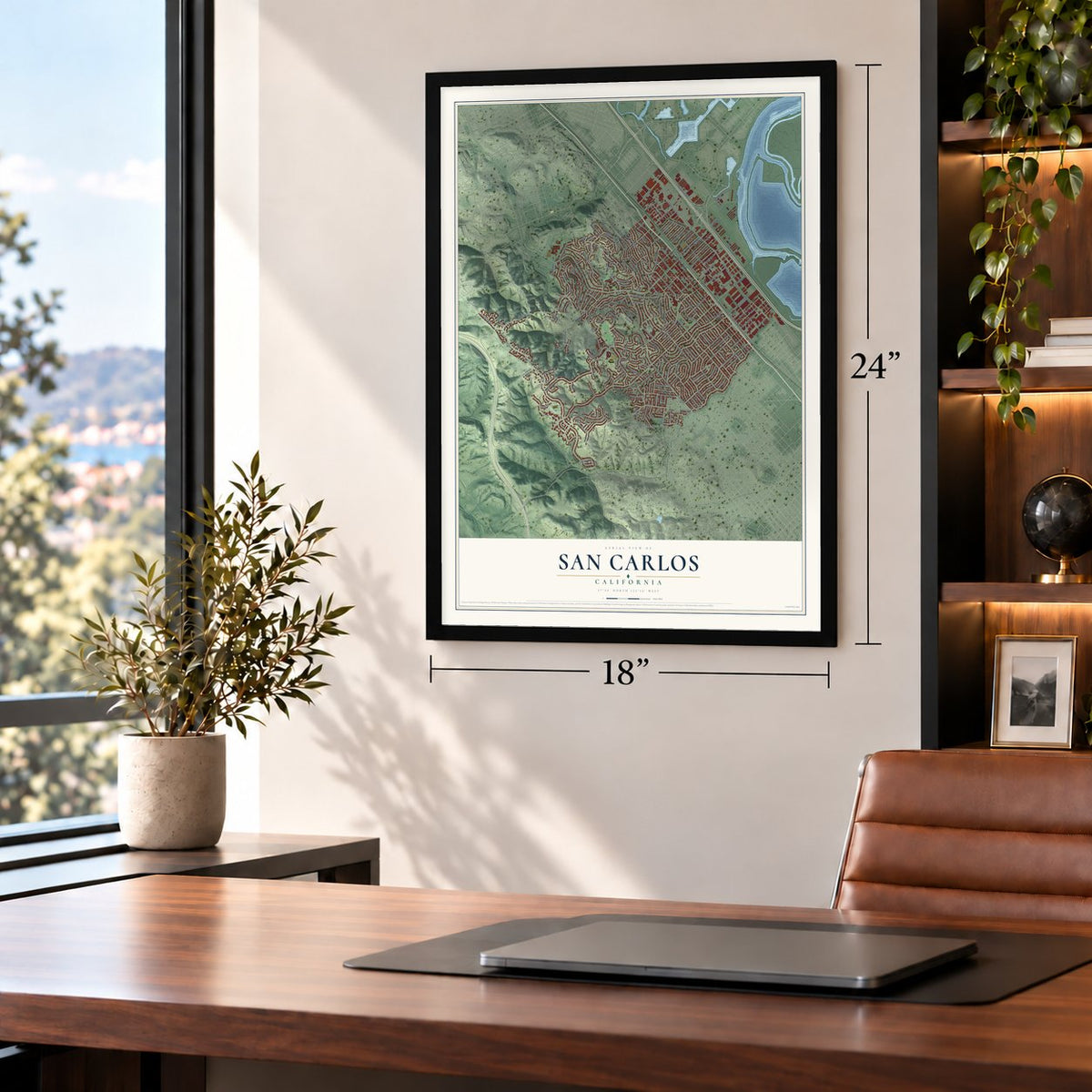 San Carlos, California map, 18 x 24 inch print in a black frame in a home office