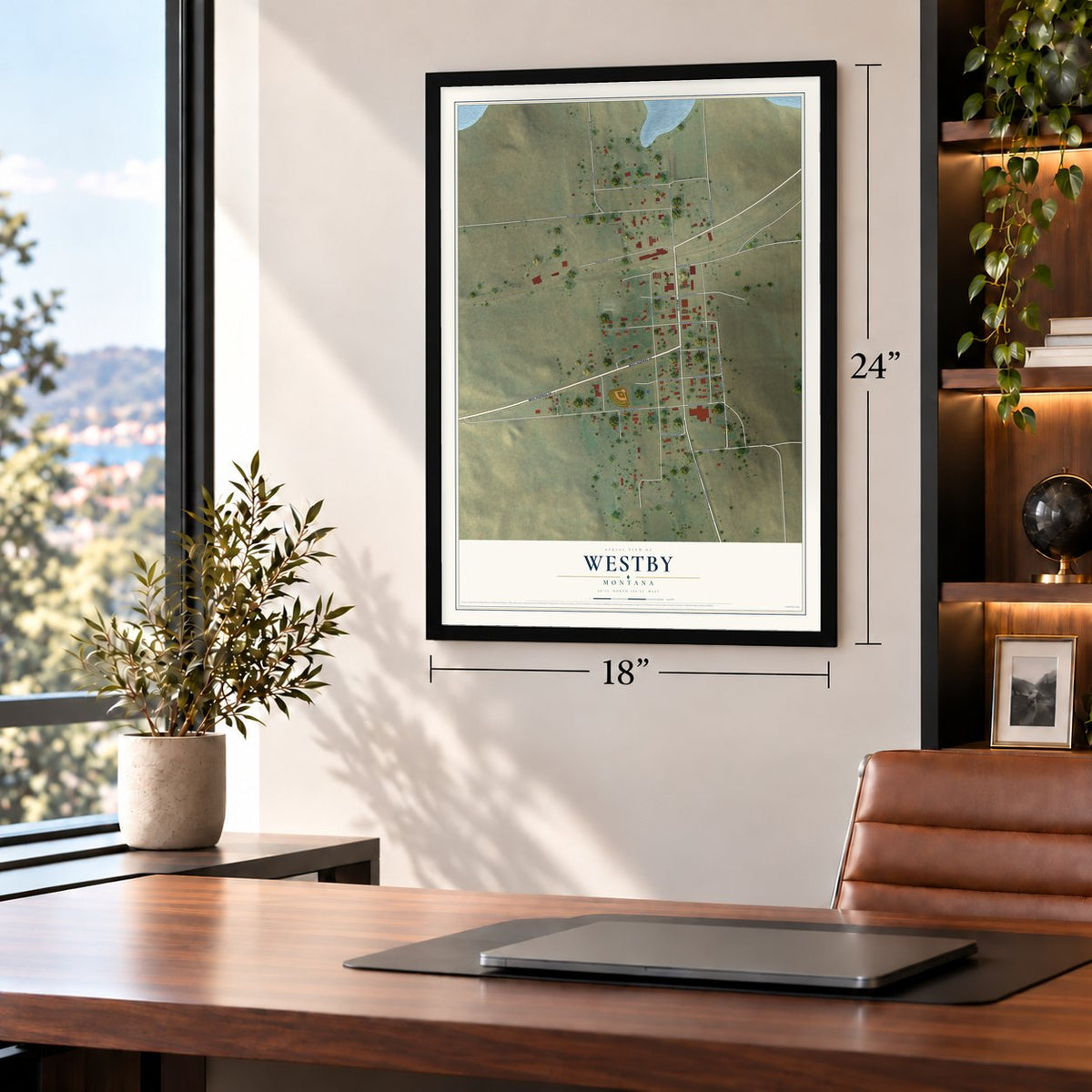 Westby, Montana map, 18 x 24 inch print in a black frame in a home office