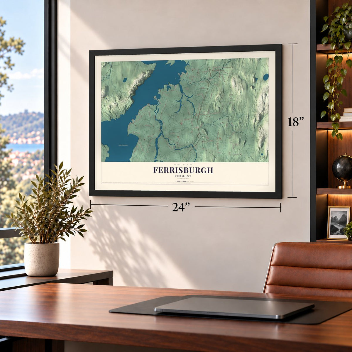 Ferrisburgh, Vermont map, 18 x 24 inch print in a black frame in a home office