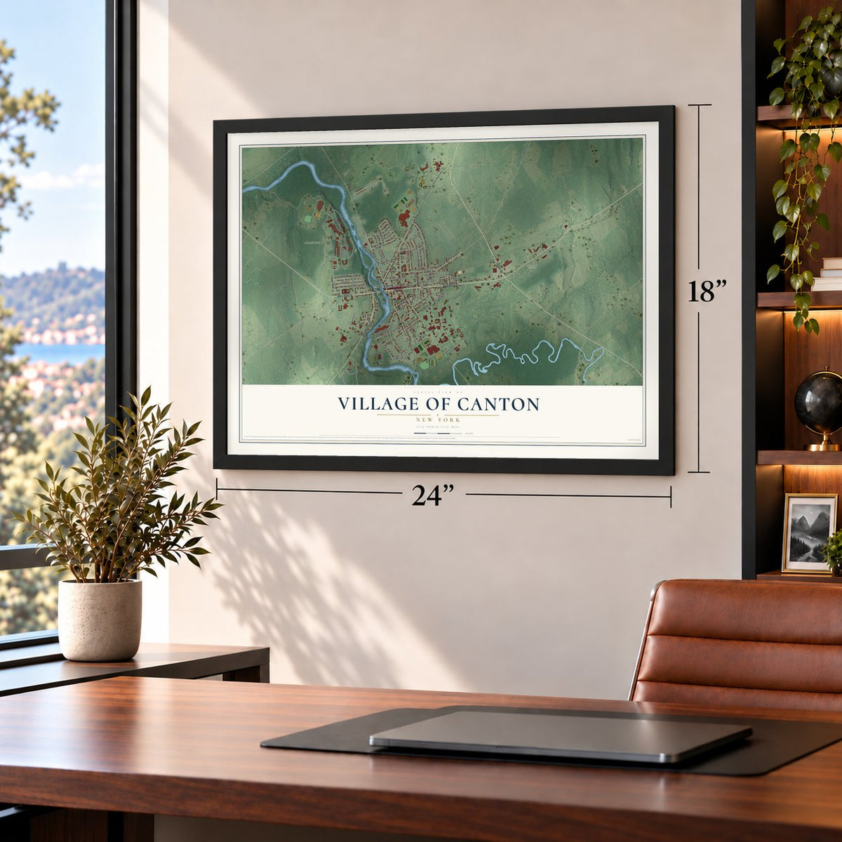 Village of Canton, New York map, 18 x 24 inch print in a black frame in a home office