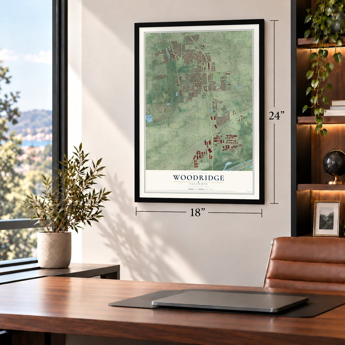 Woodridge, Illinois map, 18 x 24 inch print in a black frame in a home office