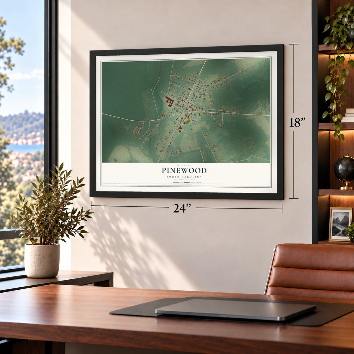 Pinewood, South Carolina map, 18 x 24 inch print in a black frame in a home office