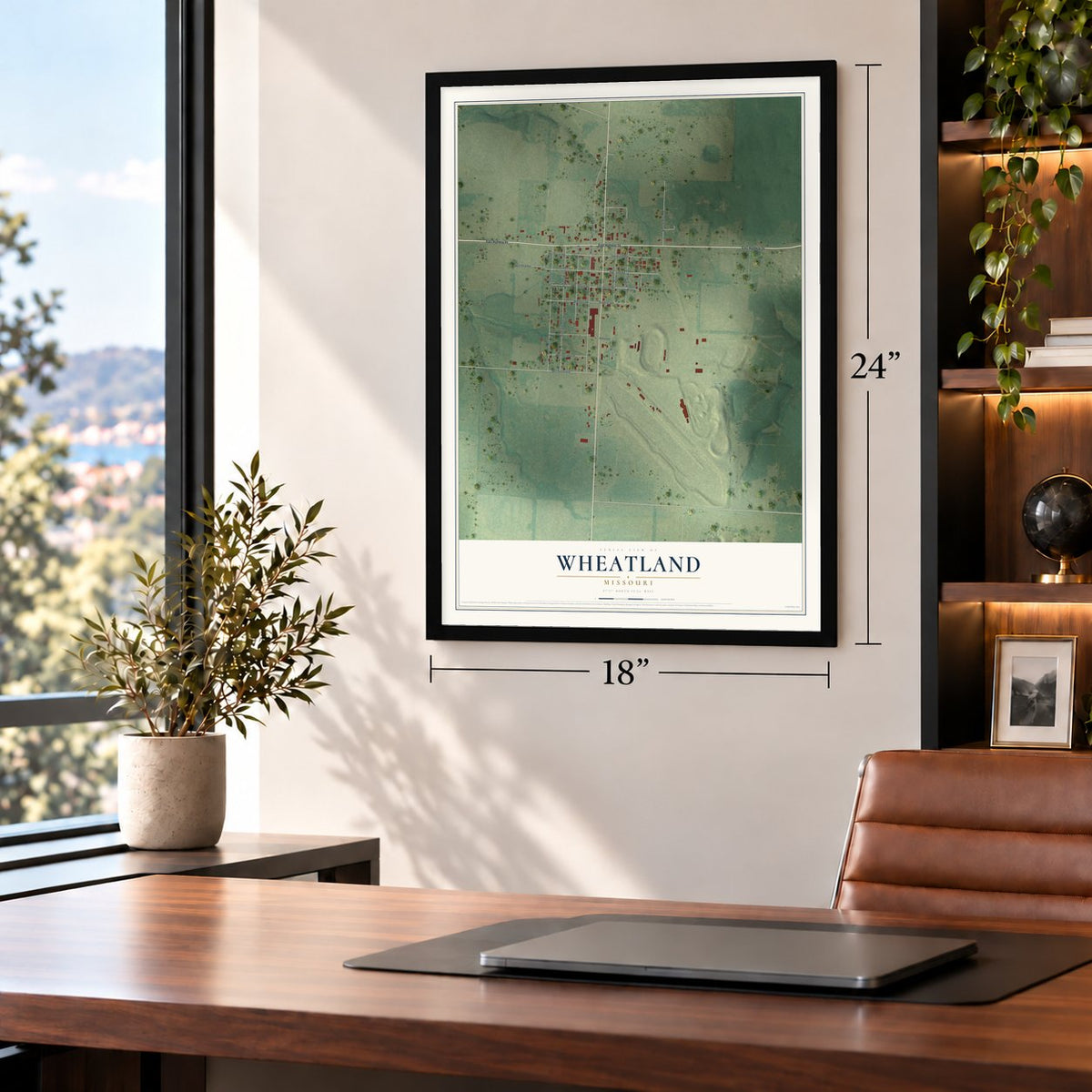 Wheatland, Missouri map, 18 x 24 inch print in a black frame in a home office