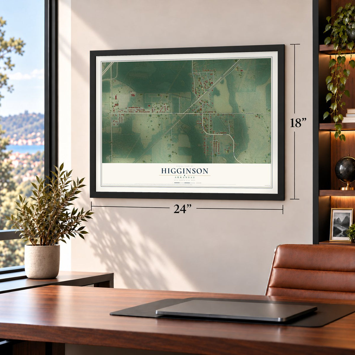 Higginson, Arkansas map, 18 x 24 inch print in a black frame in a home office