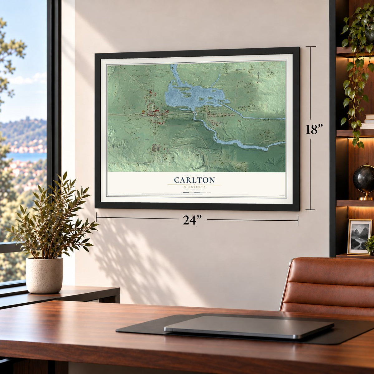 Carlton, Minnesota map, 18 x 24 inch print in a black frame in a home office