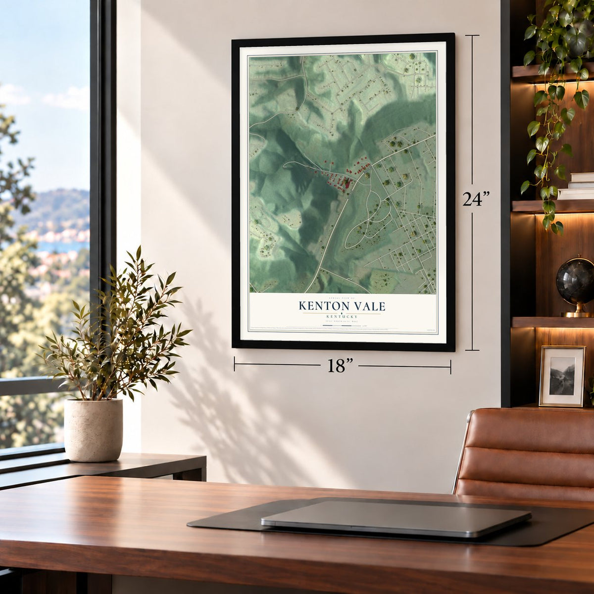 Kenton Vale, Kentucky map, 18 x 24 inch print in a black frame in a home office